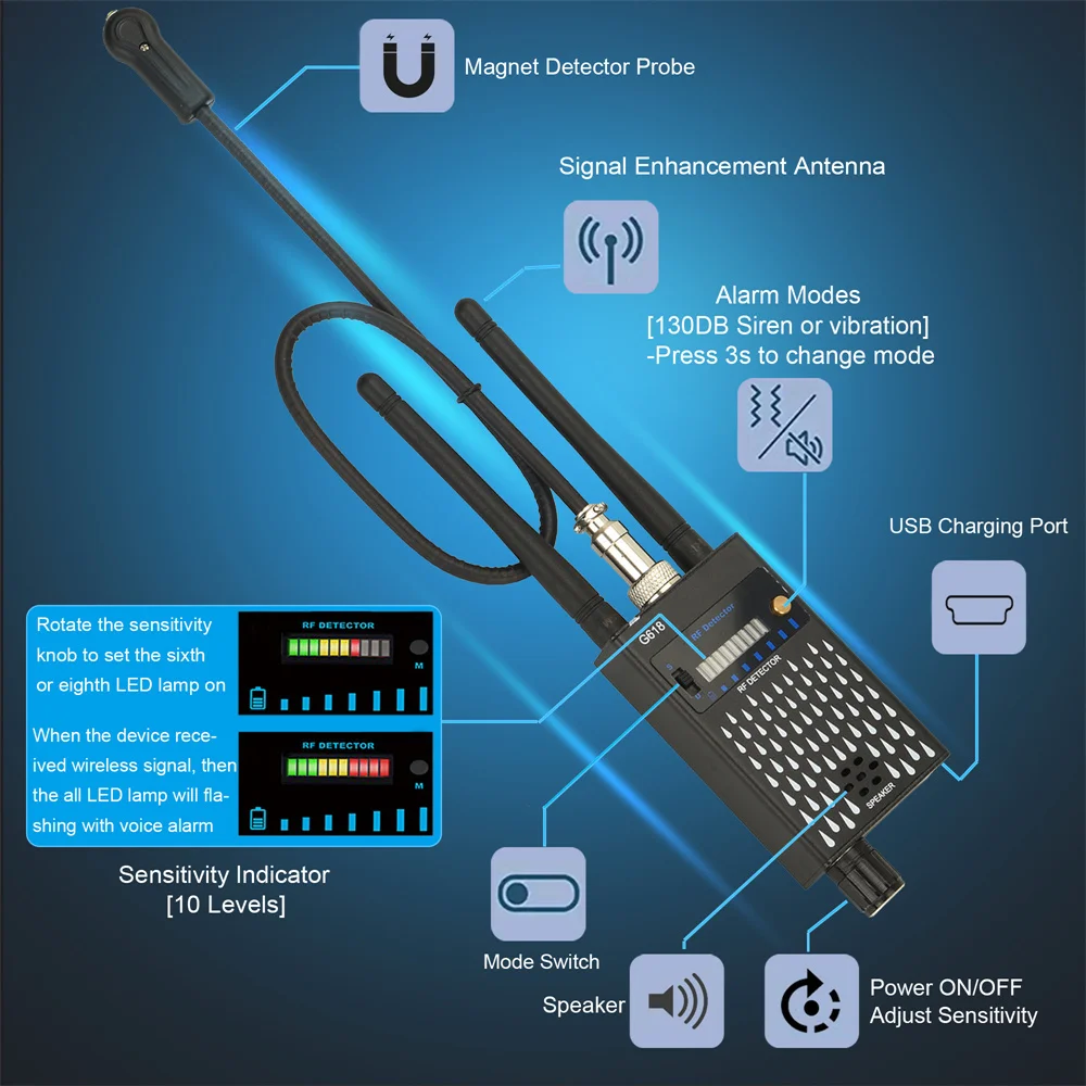 G618W 스파이 방지 무선 RF 신호 감지기 버그, G318 GSM 오디오 GPS 추적기, 카메라 도청 장치, 전문 신호 탐지기