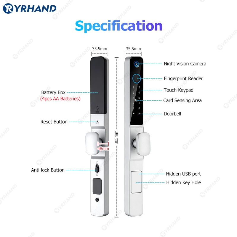 YRHAND 방수 야외 지문 투야 와이파이 앱 RFID 구멍 스마트 전자 도어락, 알루미늄 유리 슬라이딩