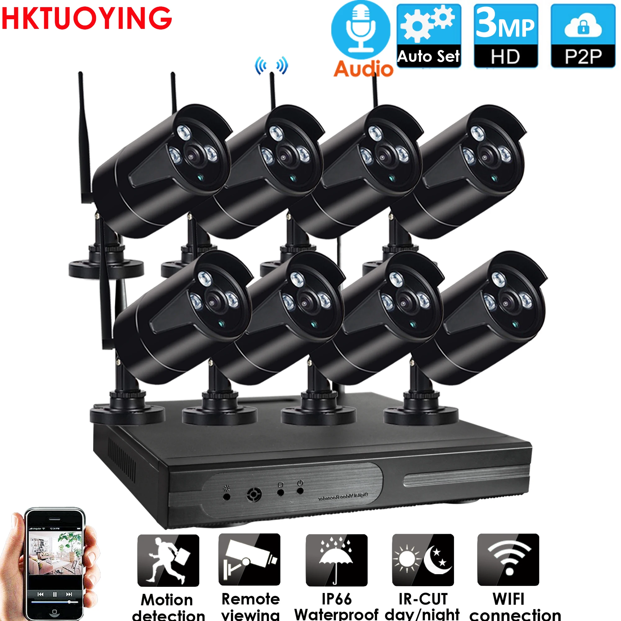 플러그 앤 플레이 8CH 3MP HD 오디오 무선 NVR 키트 P2P 3.0P 실내 실외 IR 야간 보안 3.0MP IP 카메라 WIFI CCTV 시스템, P2P P title=플러그 앤 플레이 8CH 3MP HD 오디오 무선 NVR 키트 P2P 3.0P 실내 실외 IR 야간 보안 3.0MP IP 카메라 WIFI CCTV 시스템, P2P P 