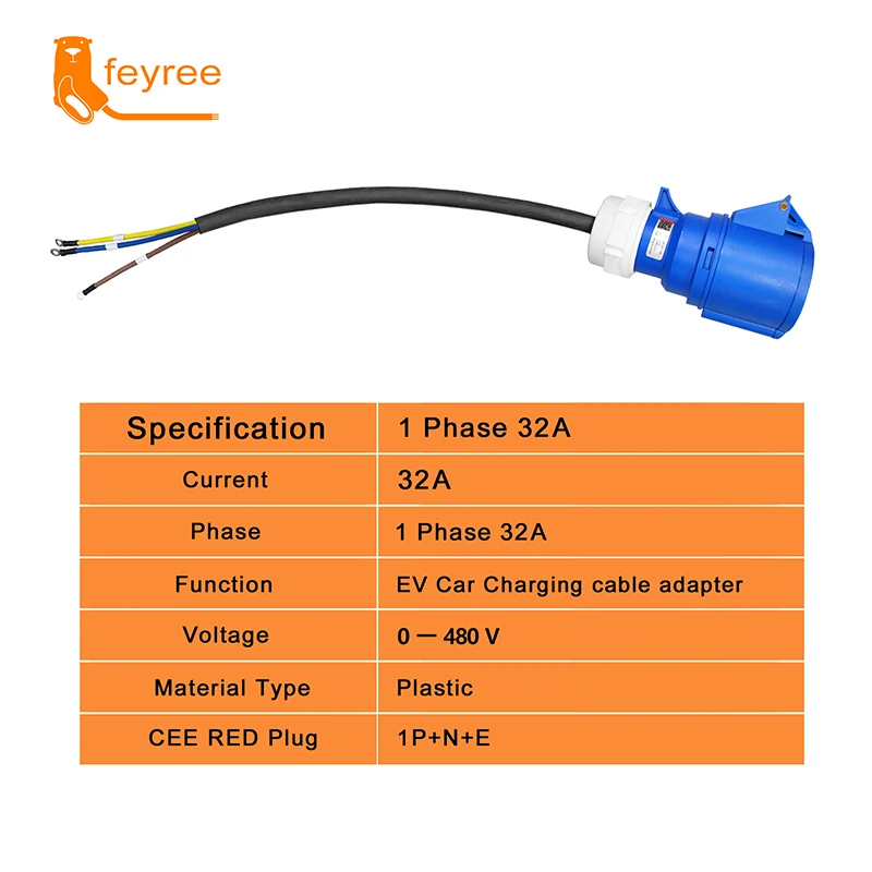 Feyree-EV 충전기 CEE 암 플러그 3 핀 어댑터 방수 연결 월 마운트 소켓 32A, 1 상 7KW 휴대용 충전기