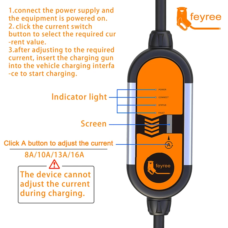 Feyree 전기 자동차용 휴대용 EV 충전기, 타입 2 IEC62196-2 16A EVSE 충전 케이블, 타입 1 SAE J1772 EU 플러그 컨트롤러 월박스