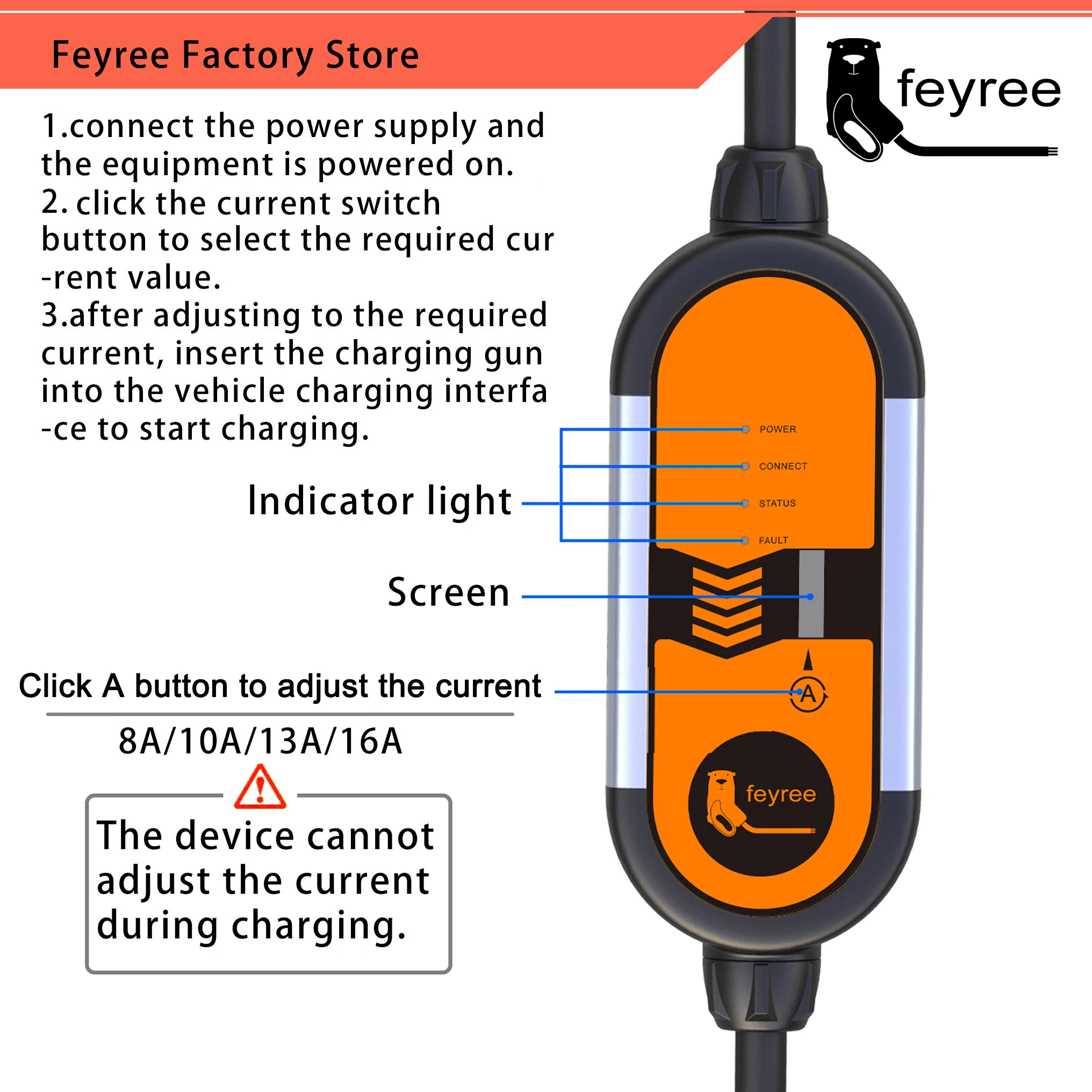 Feyree EV 휴대용 충전기 타입 2 3.5KW, 조절 가능한 전류 8, 10, 13, 16A, 타입 1 j1772, 슈코 플러그, 전기 자동차 월박스