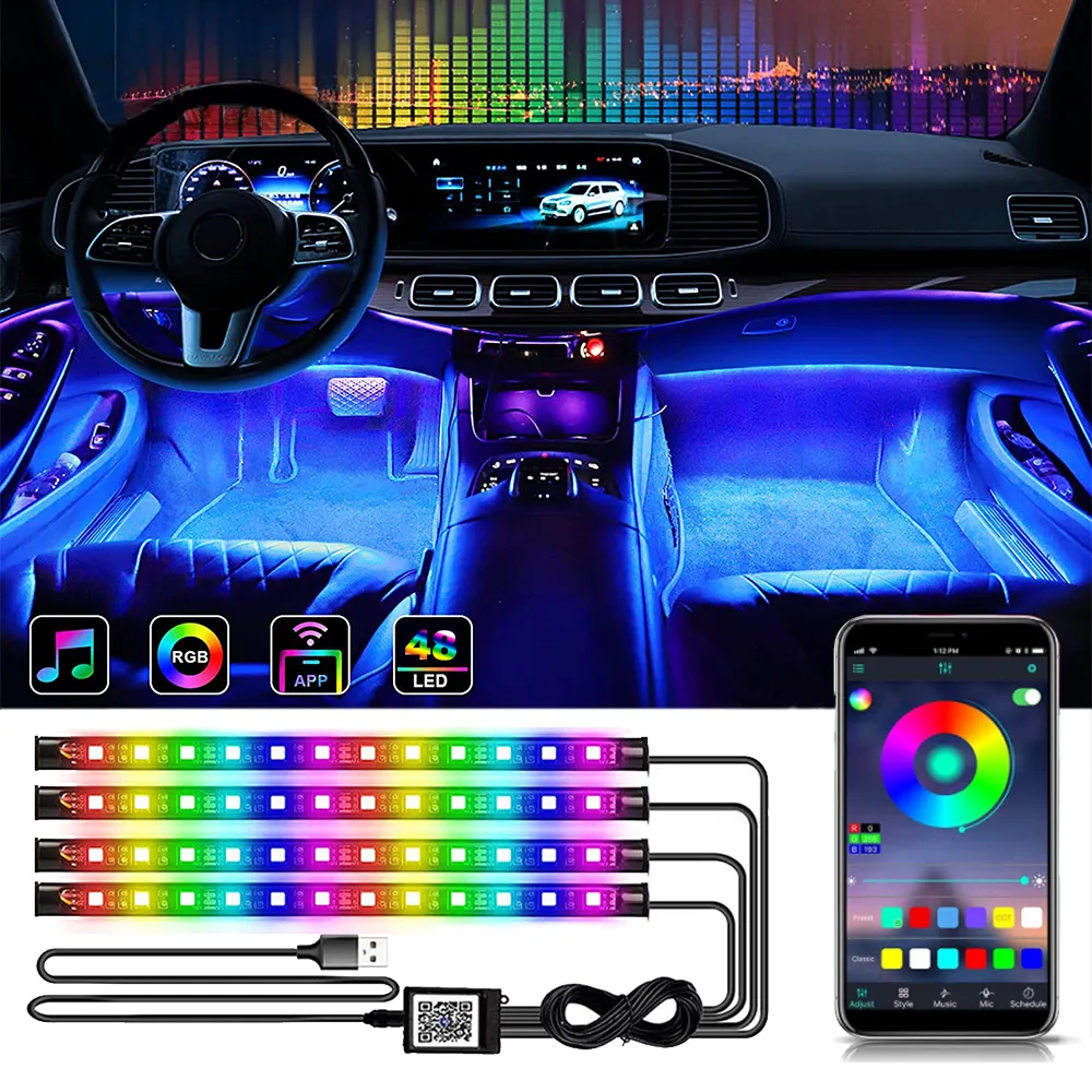 네온 48 72 LED 자동차 인테리어 앰비언트 발 조명, USB 무선 원격 음악 앱 제어 자동 RGB 분위기 장식 램프 title=네온 48 72 LED 자동차 인테리어 앰비언트 발 조명, USB 무선 원격 음악 앱 제어 자동 RGB 분위기 장식 램프 