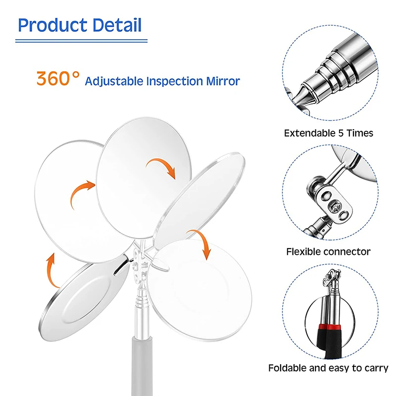 텔레스코픽 검사 라운드 미러 360, 개폐식 확장 자동차 앵글 뷰 펜, 조정 가능한 50mm 텔레스코픽 자동차 검사 미러