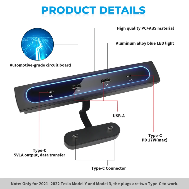 차량용 고속 충전기 USB 션트 허브 지능형 도킹 스테이션, 테슬라 모델 3 Y 2021 2022 27W, 자동차 어댑터, 전원 분배기 확장