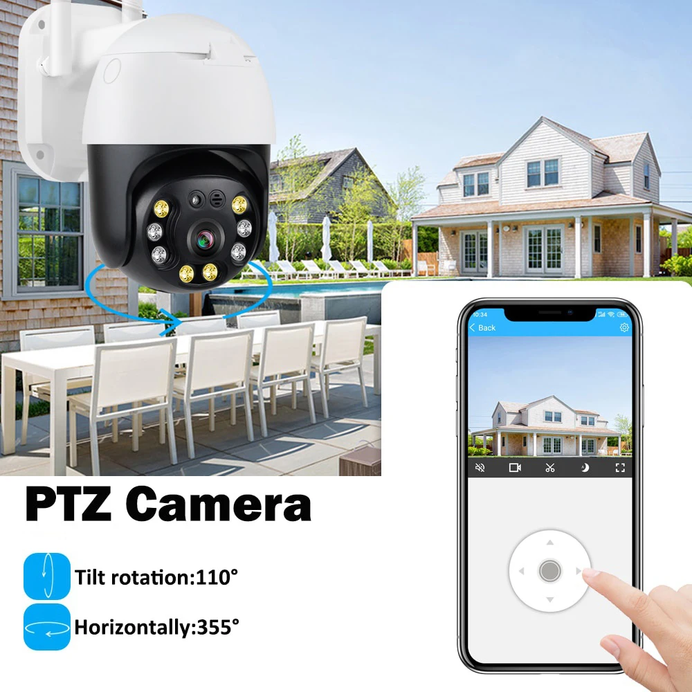 CareCam 무선 감시 자동 추적 PTZ 카메라, 듀얼 이미지 와이파이, 야외 CCTV 보안, 5MP 인간 감지, H.265, 4K, 8MP