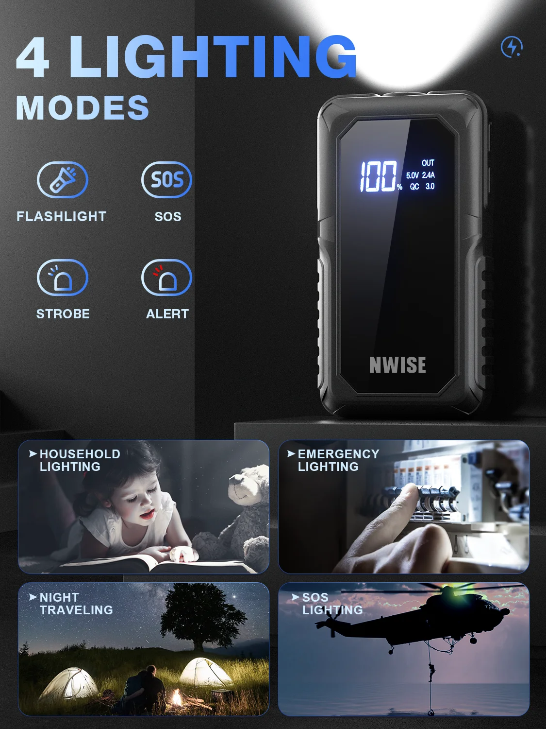 NWISE 휴대용 자동차 보조 배터리 점프 스타터, 비상 스타터, 자동차 배터리 충전기 부스터, 12V 시동 장치, 2000A