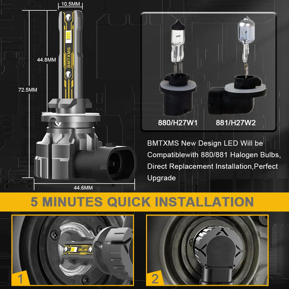 BMTxms H27 880 881 LED 전구, H27W/2 H27W/1 LED H27W 자동차 안개등 운전 주간 주행 램프, 자동 12V, 24V, 12000LM, 6500K 화이트, 2 개