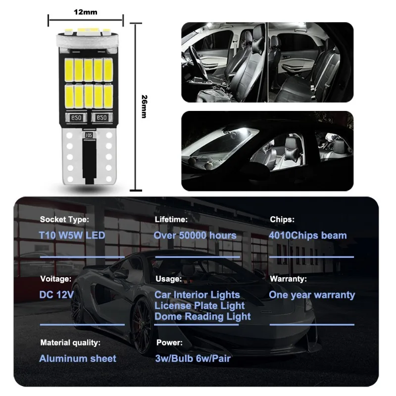 LED Canbus 자동차 인테리어 조명, 오류 없음, 4014 칩, 자동차 인테리어 돔 독서 번호판, 신호 램프, T10, 26 SMD, 10 개