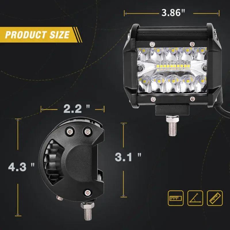 LED 작업 라이트 바, 스팟 플러드 콤보 포드, 오프로드 안개등, SUV ATV UTV LED 라이트 바, 60W, 2 개
