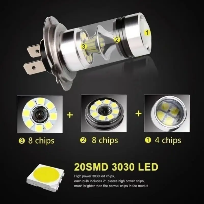 LED 자동차 주간 주행 안개등 램프, 2X 100W H4 H7 슈퍼 브라이트, 6000K 자동 주행 헤드라이트, 하이 로우 빔 전구, 20Smd