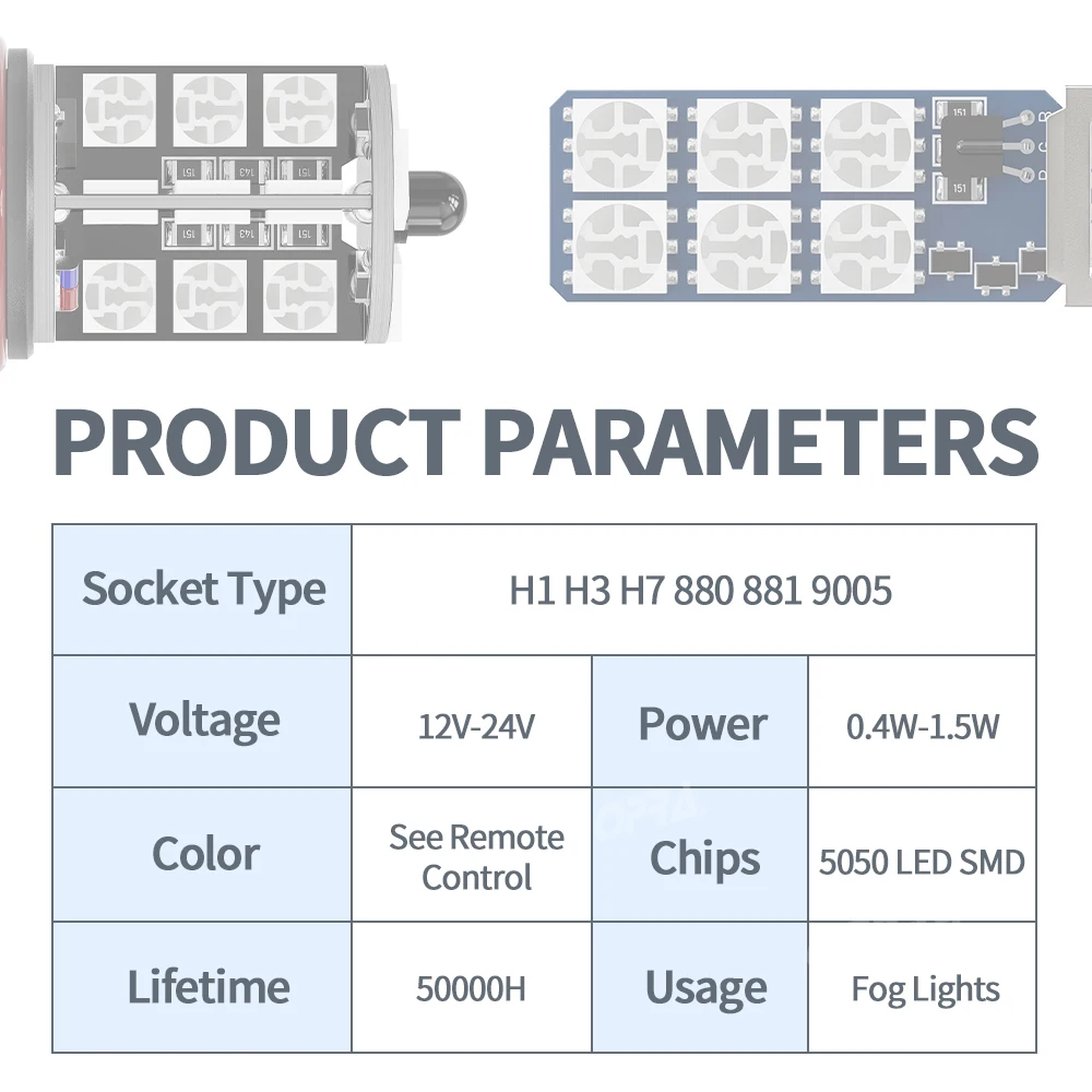 Guadsun LED 안개등, 다채로운 RGB, 원격 H3 H7 9005 hb3 H27 880 881, 자동차 전면 안개등, 5050 h1 전구, H8 h11