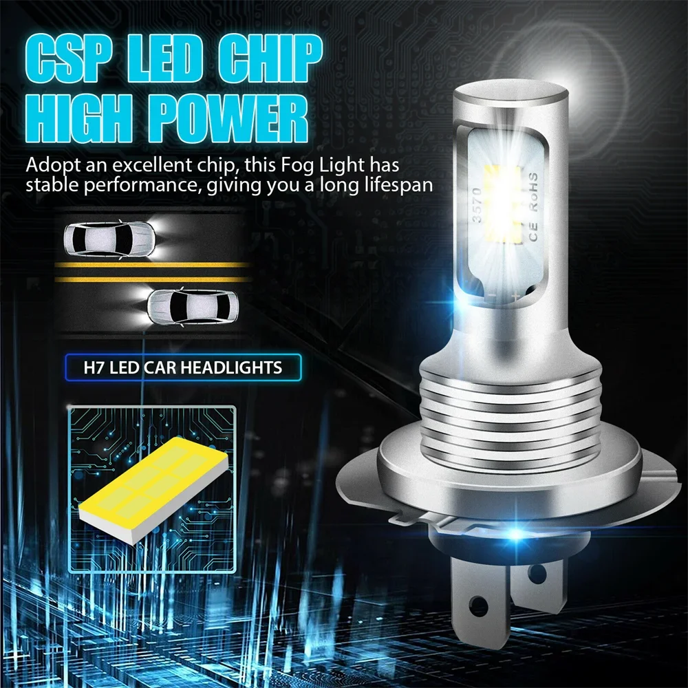 LED 자동차 안개등 전구, 슈퍼 브라이트 CSP LED 헤드라이트 DRL 램프 키트, 하이 로우 빔, 6000K, 12V, H7, H4, H1, H8, H9, H11, 9005 9006, 2 개