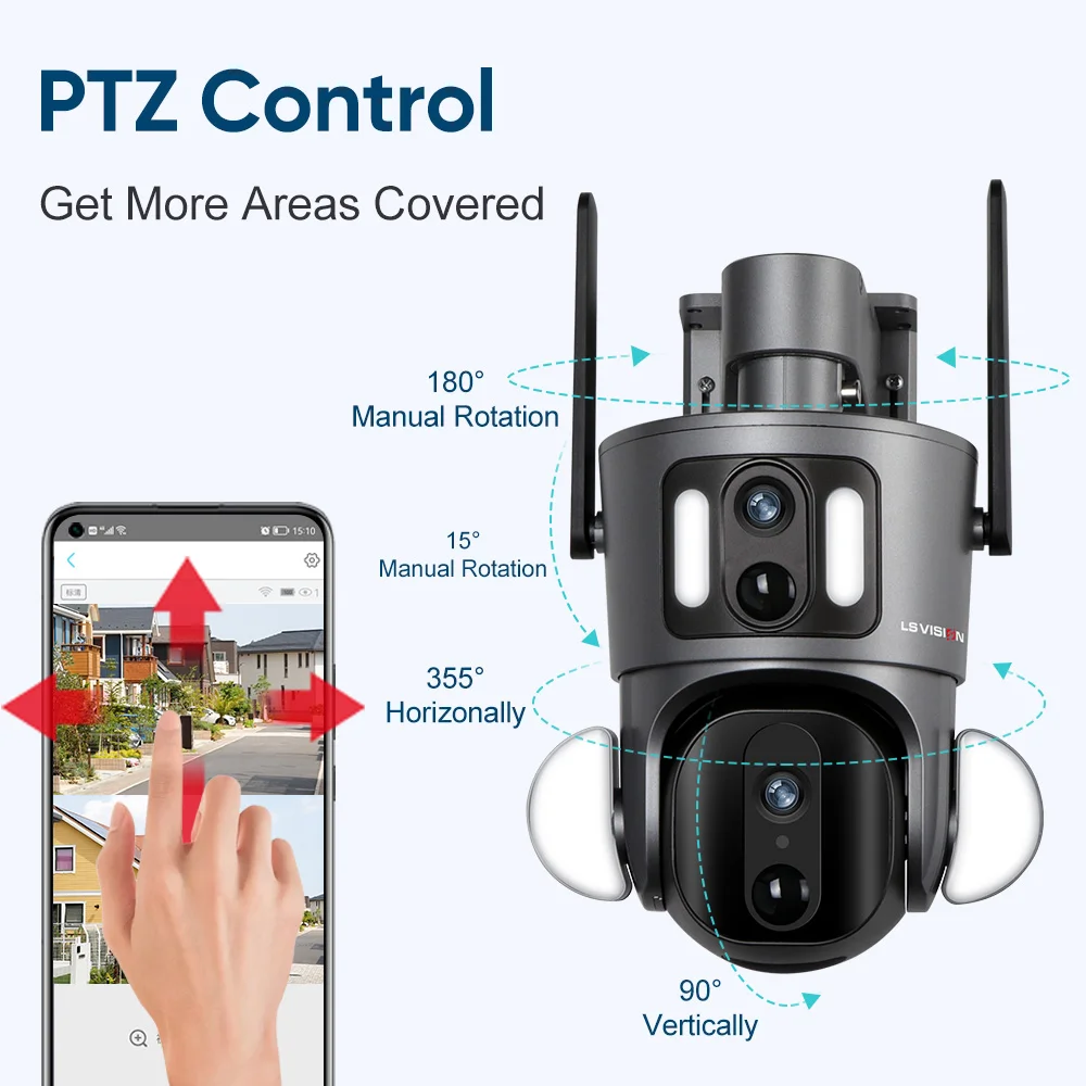 LS VISION 태양광 보안 카메라, 듀얼 렌즈 스크린, 무선 야외 와이파이 태양광 패널, PTZ CCTV 웹캠 모션 감지 캠, 2K, 4G, 6MP