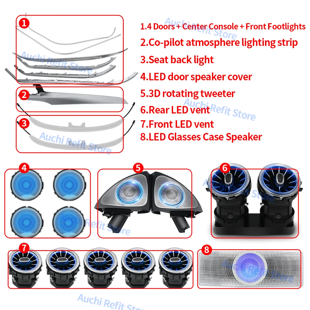 앰비언트 라이트 3/12/64 색상 메르세데스-벤츠 C/GLC 클래스 쿠페 W205 C43 C63 X253 LED 통풍구 스피커 장식 조명 개조