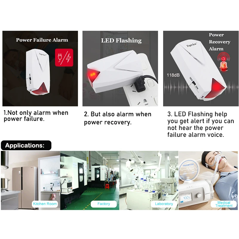 Topvico 2pcs 정전 경보 Off + On 감지기 경고 100V - 220V 냉동고/의료 정전 센서 led가있는 118dB 시끄러운 사이렌