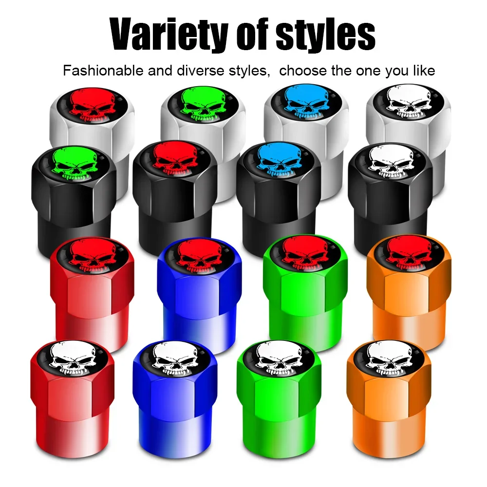 스컬 타이어 밸브 스템 캡, 부식 방지, 방진 커버, 자동차, 자전거, 트럭, 오토바이에 범용 적합, 세트당 4 개