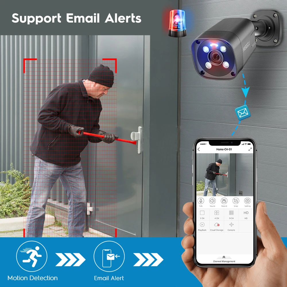 MISECU POE 보안 시스템 야외 얼굴 감지 스마트 4K 레드 블루 알람, H.265 CCTV 레코드 감시 보호 키트, 8CH, 8MP, P2P