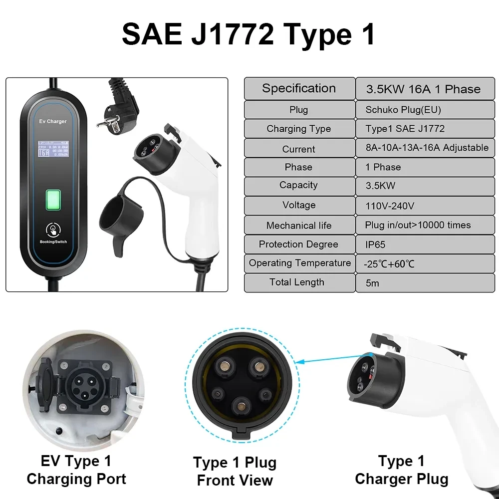 Teschev 전기 자동차용 EV 충전기 타입 2 16A 3.5kW GBT 플러그 자동차 충전 케이블, J1772 타입 1 월박스, 220V 230V 레벨 2