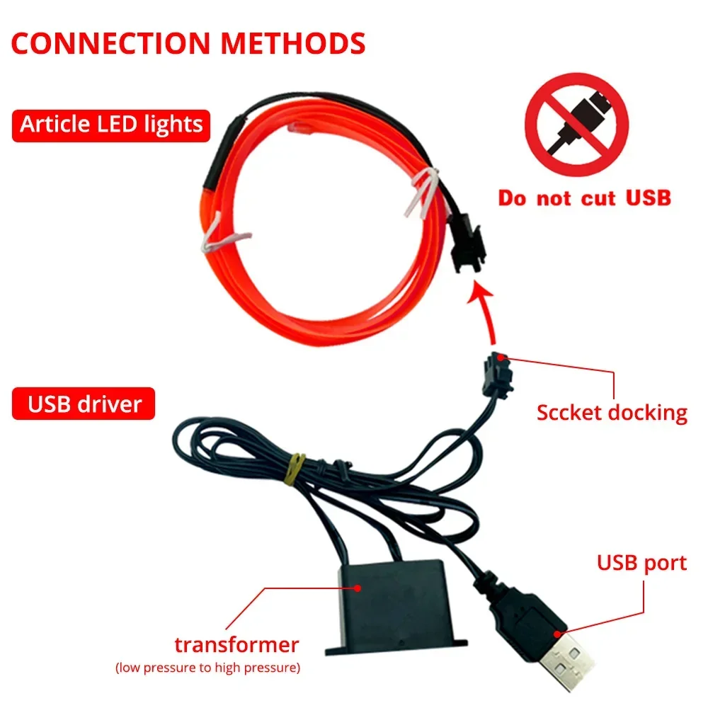 자동차 인테리어 조명 LED 스트립 장식 화환 와이어 로프 튜브 라인, 유연한 네온 조명, USB 드라이브 포함, 1m, 2m, 3m, 5m, 핫 세일