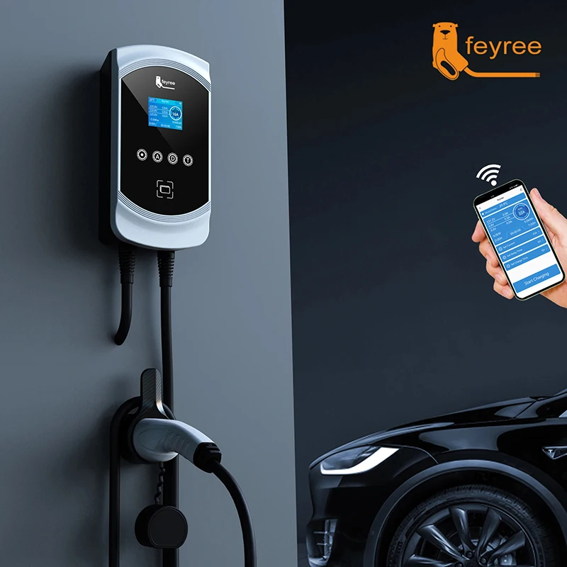 Feyree 전기 자동차용 EV 충전기, 32A, 7.6KW, EVSE 월박스, 11KW 22KW, 3 상 타입 2 케이블, IEC62196-2 소켓, 앱 제어