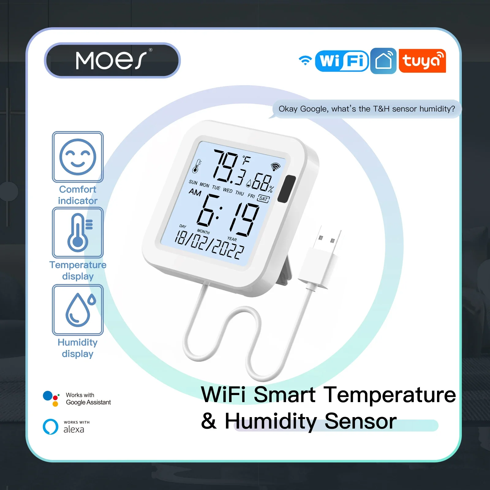 MOES 와이파이 온도 및 습도 센서 LCD 스크린 적외선 감지 백라이트, 스마트 투야 앱 원격 제어, 알렉사 구글 보이스 title=MOES 와이파이 온도 및 습도 센서 LCD 스크린 적외선 감지 백라이트, 스마트 투야 앱 원격 제어, 알렉사 구글 보이스 