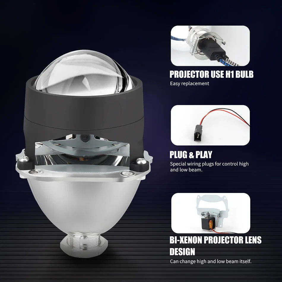 KAFOLEE 미니 Bi Xenon HID 프로젝터 헤드라이트 렌즈 개조, 자동차 헤드 램프 게이팅 건 슈라우드, H4 H7 H11 9005 H8, 1x2.5 인치