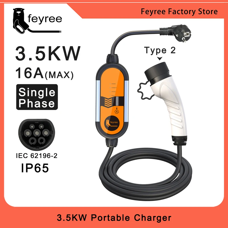 Feyree EV 휴대용 충전기 타입 2 3.5KW, 조절 가능한 전류 8, 10, 13, 16A, 타입 1 j1772, 슈코 플러그, 전기 자동차 월박스 title=Feyree EV 휴대용 충전기 타입 2 3.5KW, 조절 가능한 전류 8, 10, 13, 16A, 타입 1 j1772, 슈코 플러그, 전기 자동차 월박스 