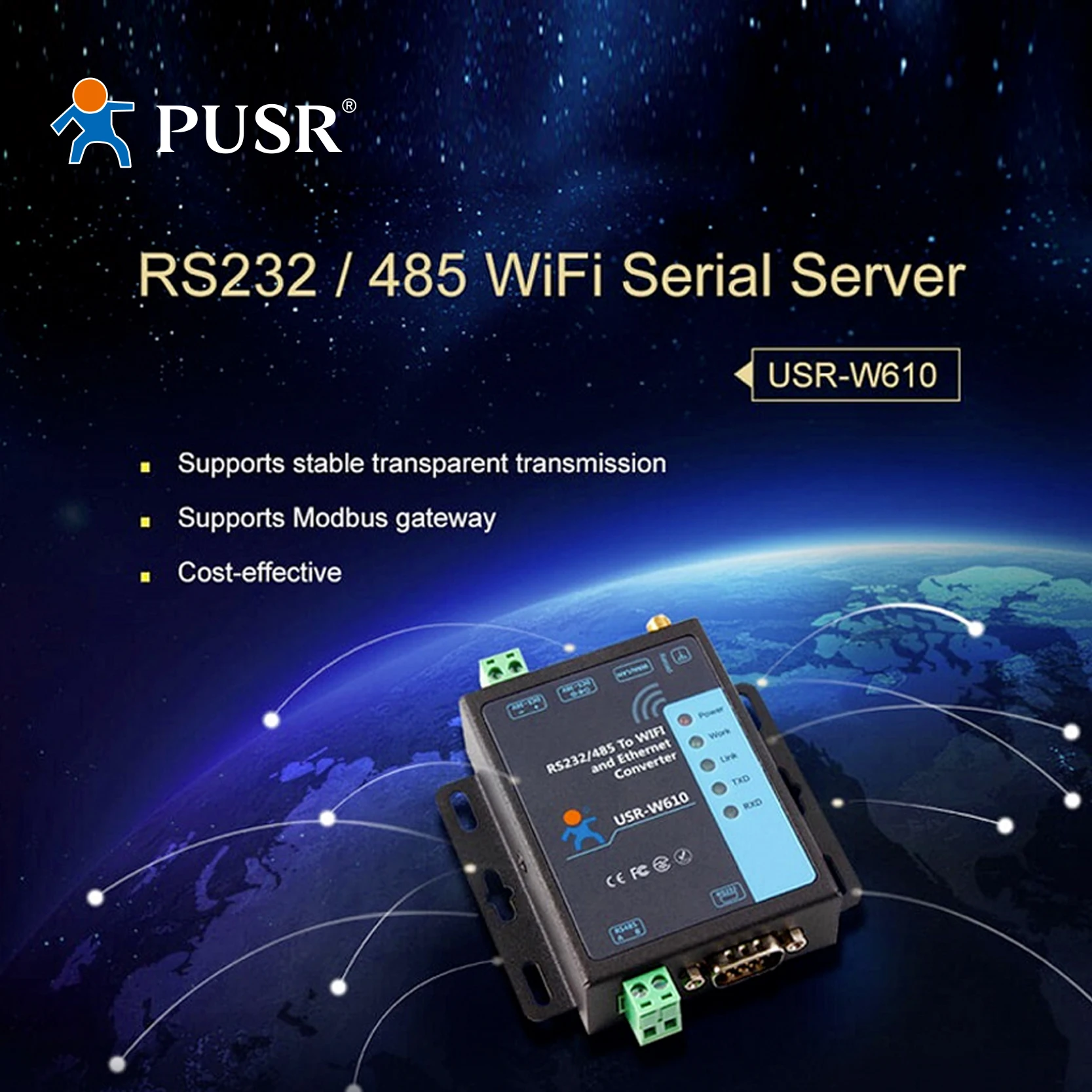 PUSR RS485 RS232 직렬 장치 서버, 직렬-와이파이, 와이파이-이더넷 변환기, Modbus 게이트웨이 USR-W610 지원