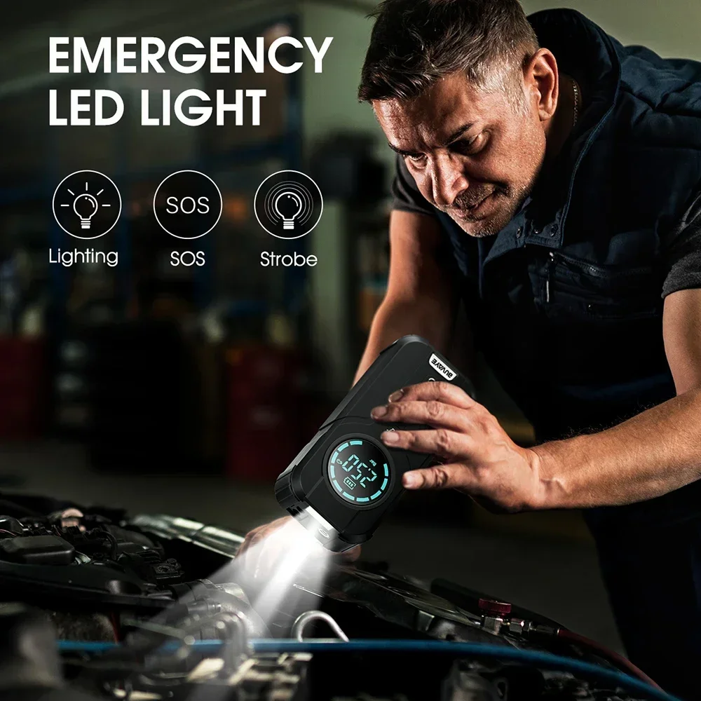 BUVAYE 차량용 휴대용 배터리 스타터, 자동차 점프 스타터, 에어 펌프, 에어 컴프레서, 다기능 타이어 팽창기, EVA 가방 포함