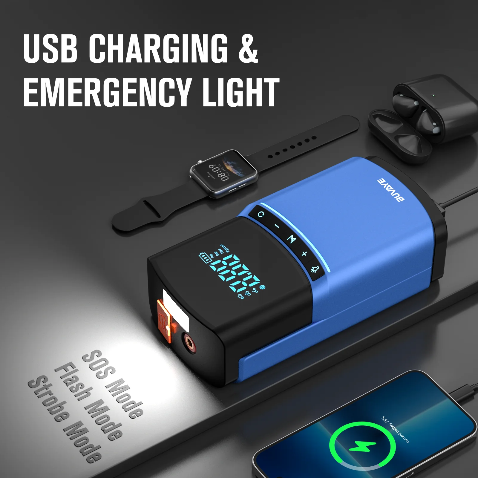 BUVAYE 자동차 점프 스타터 에어 펌프, 4 인 1, 150PSI, 공기 압축기, 10400mAh 피크 전류, 1000A 스타터 장치, 디지털 타이어 공기 주입