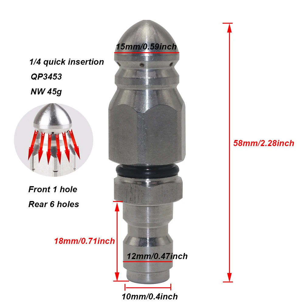 하수도 파이프 준설 노즐, 스테인레스 스틸 고압 노즐, 고압 물총 노즐, 5000psi 1/4 빠른 연결, 7 홀