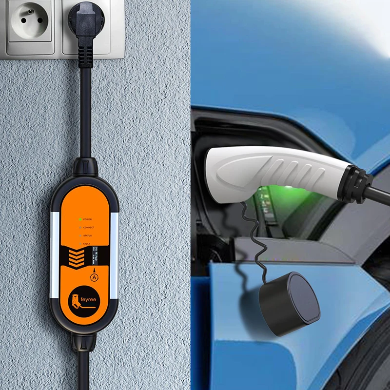 Feyree 전기 자동차용 휴대용 EV 충전기, 타입 2 IEC62196-2 16A EVSE 충전 케이블, 타입 1 SAE J1772 EU 플러그 컨트롤러 월박스