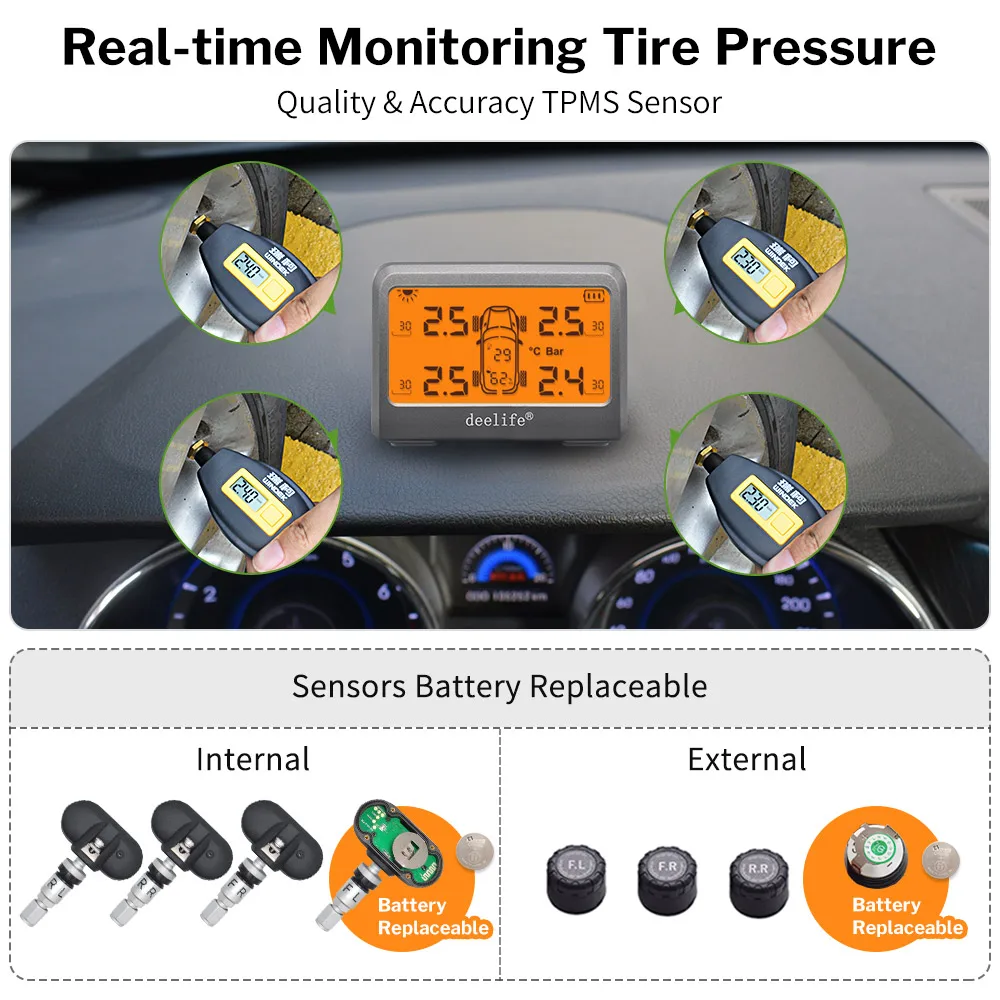 Deelife 자동차 타이어 공기압 모니터링 시스템, TPMS, 4 륜 타이어 배터리, 교체 가능한 내부 외부 센서, TMPS