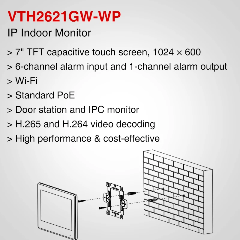 Dahua 원래 멀티 언어 VTH2621GW-WP H.265 와이파이 PoE 7 인치 TFT 터치 IP 실내 모니터 초인종 비디오 인터폰