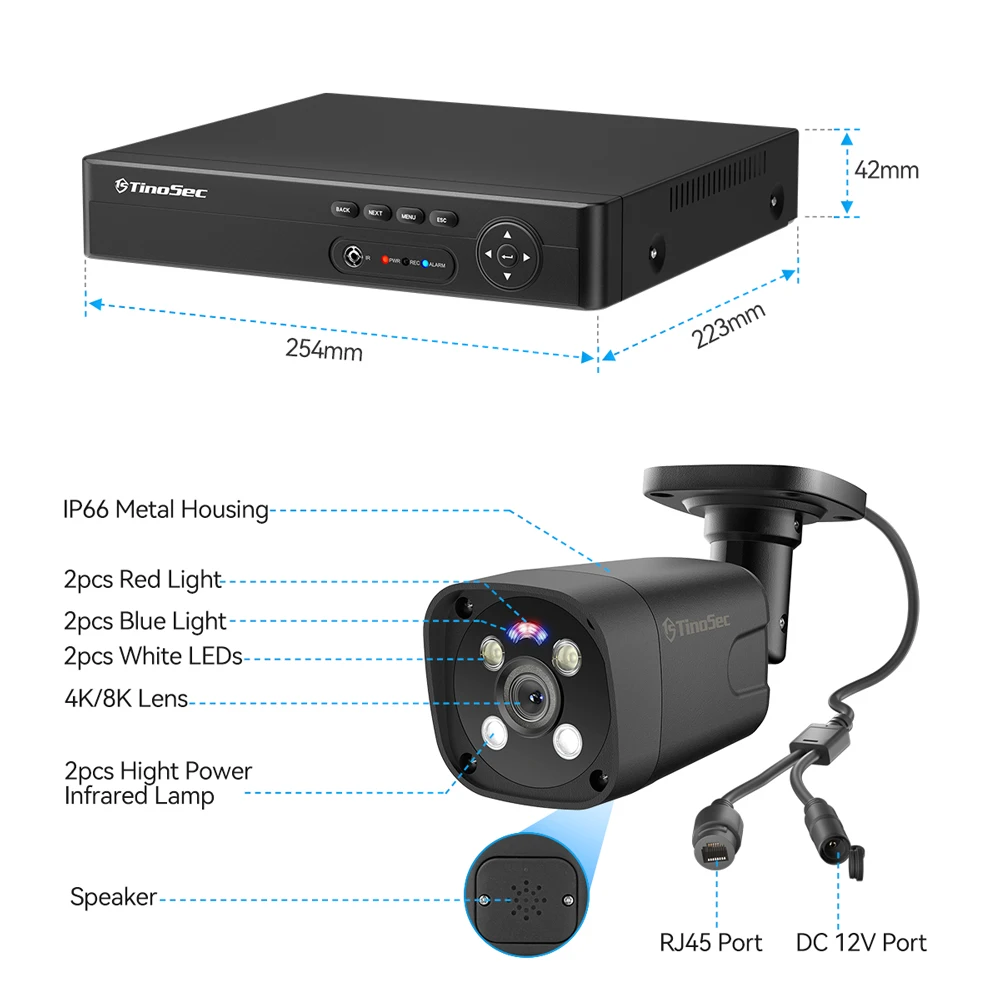 TinoSec 4K HD 보안 카메라, 8CH NVR 키트, 8MP 4MP PoE 카메라 시스템, CCTV 비디오, 사람 감지, 이메일 경고 감시 캠 키트