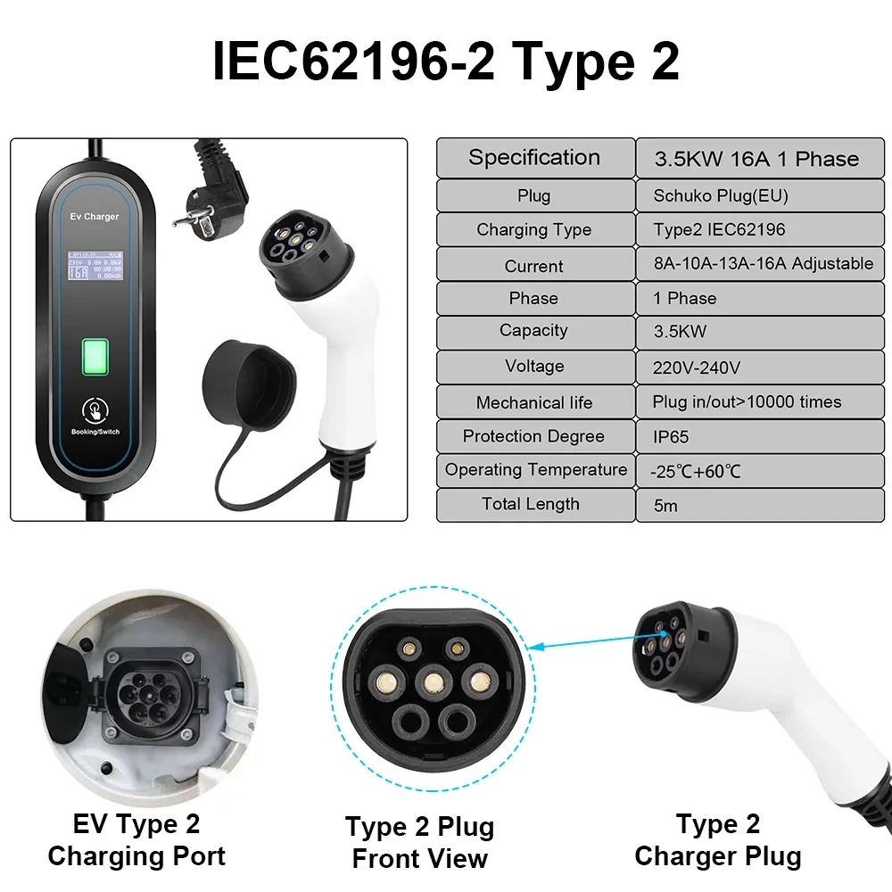 Teschev 전기 자동차용 EV 충전기 타입 2 16A 3.5kW GBT 플러그 자동차 충전 케이블, J1772 타입 1 월박스, 220V 230V 레벨 2