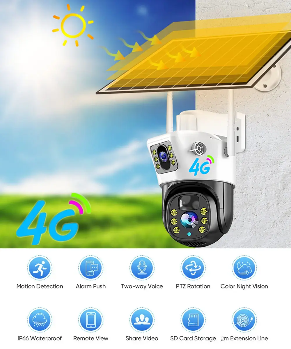 듀얼 렌즈 태양광 카메라, 4G SIM 카드, 4K 8MP 와이파이 감시 카메라, 비디오 보안 보호, 스마트 홈 와이파이 IP 야외 CCTV