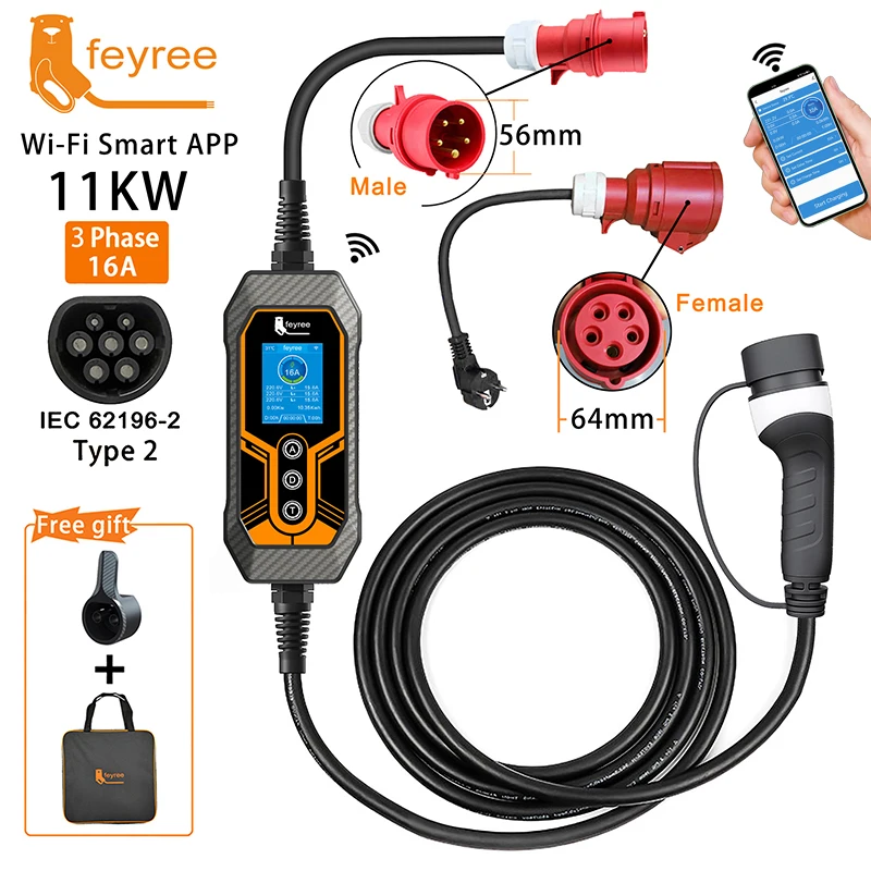 Feyree 타입 2 휴대용 EV 충전기, 11KW 16A, 3 상 Wi-Fi APP, 블루투스 버전, EVSE 충전 케이블, 5m, 전기 자동차용 CEE 플러그
