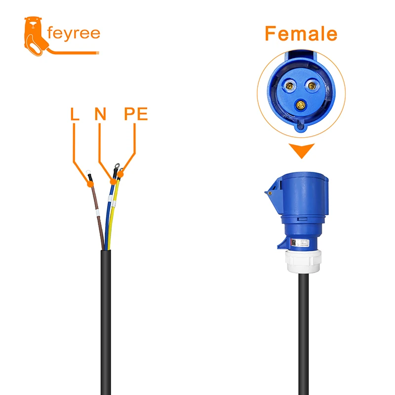 Feyree-EV 충전기 CEE 암 플러그 3 핀 어댑터 방수 연결 월 마운트 소켓 32A, 1 상 7KW 휴대용 충전기