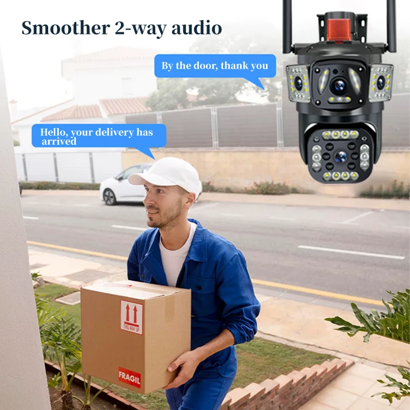 PTZ 와이파이 듀얼 렌즈 스크린 카메라, 야외 3 개 스크린, 동작 감지, 야외 IP CCTV 생존 카메라, 12MP, 6K