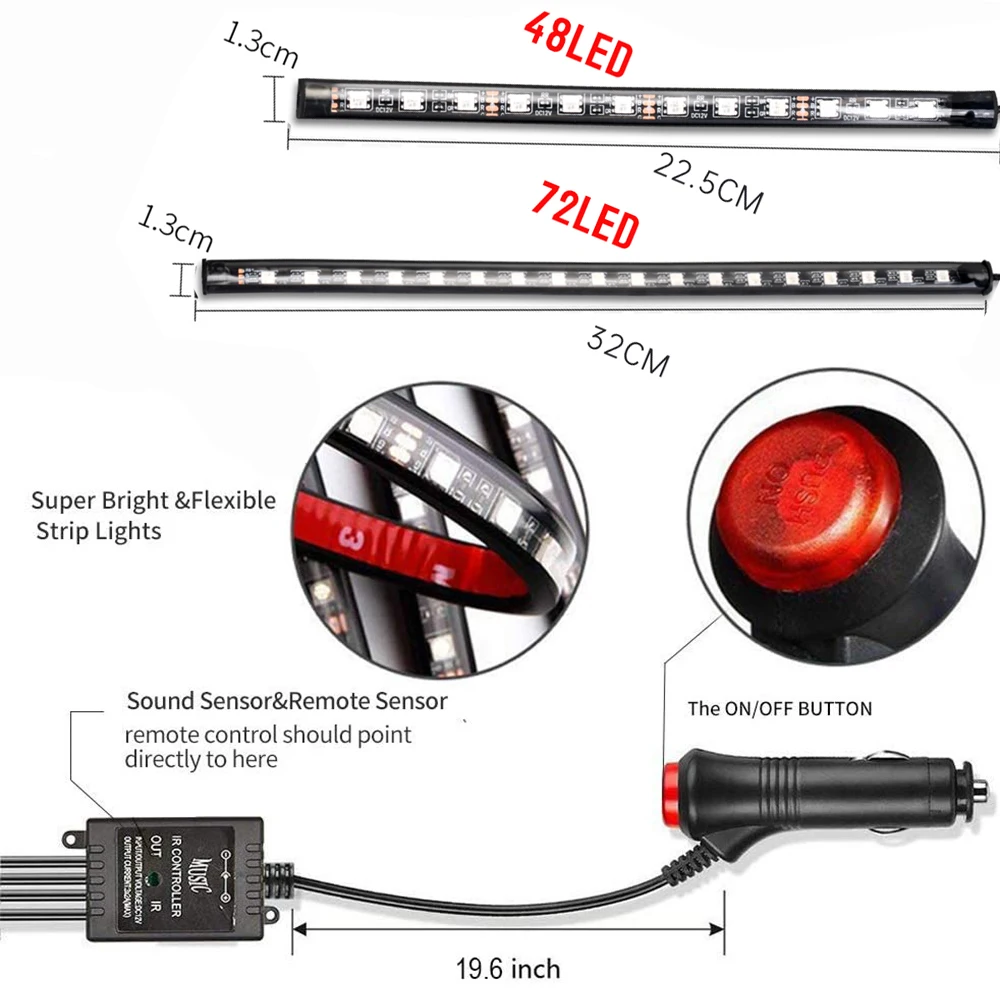 네온 48 72 LED 자동차 인테리어 앰비언트 발 조명, USB 무선 원격 음악 앱 제어 자동 RGB 분위기 장식 램프