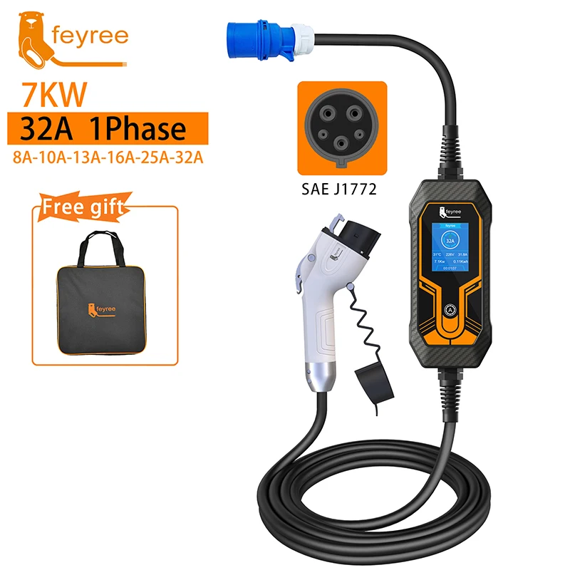 Feyree 휴대용 EV 충전기, 월박스 타입 2 케이블, 32A 7KW, CEE 플러그 포함, EVSE 타입 1 충전 박스, j1772 전기 자동차용 어댑터