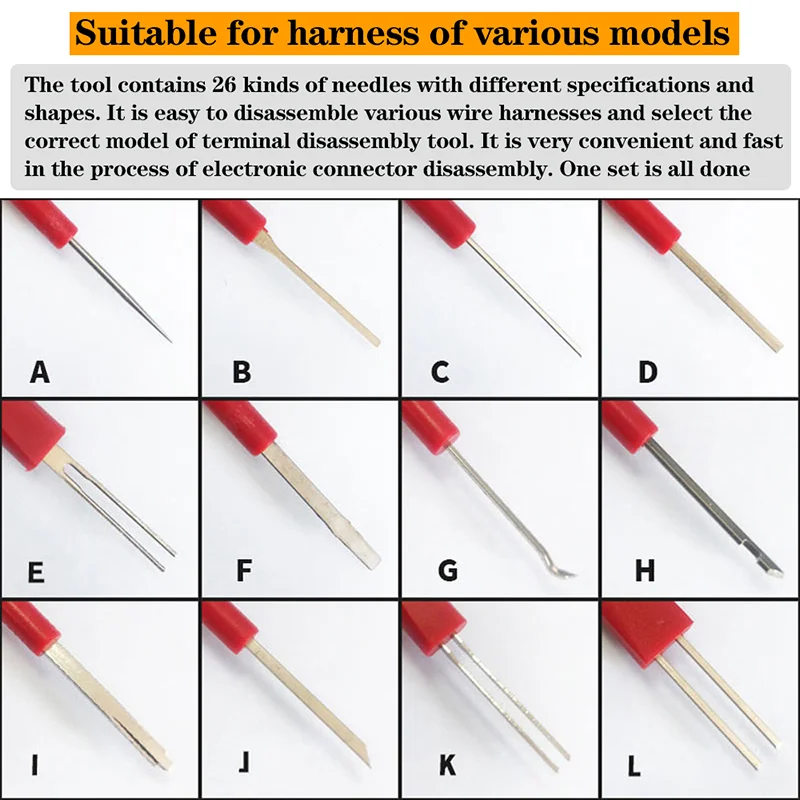 범용 자동차 터미널 제거 도구 세트, 키트 해제, 자동차 와이어 하네스, 전기 커넥터 핀 추출기, 26 개