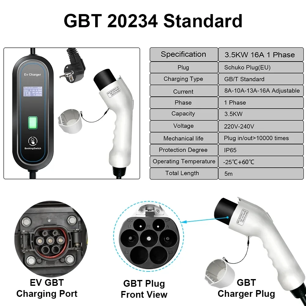 Teschev 전기 자동차용 EV 충전기 타입 2 16A 3.5kW GBT 플러그 자동차 충전 케이블, J1772 타입 1 월박스, 220V 230V 레벨 2