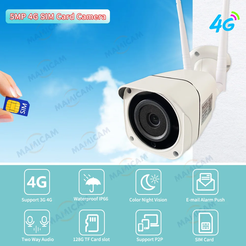 4G SIM 카드 GSM IP 카메라 비디오 감시, 5MP 보안 보호, 와이파이 CCTV 비디오 캠, 야외 IR 50M 양방향 오디오 CamHi