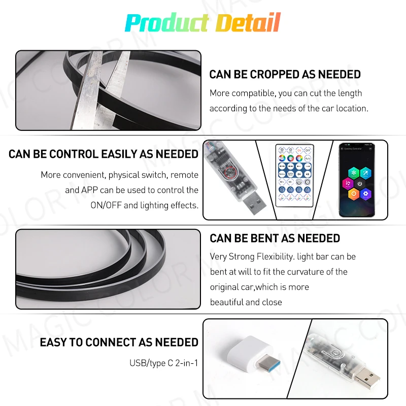 Vegting 140/55 인치 자동차 주변 조명, 2 인 1 범용 LED 심포니 RGB 분위기 램프, USB 앱 리모컨, 테슬라 모델 3 Y S X용