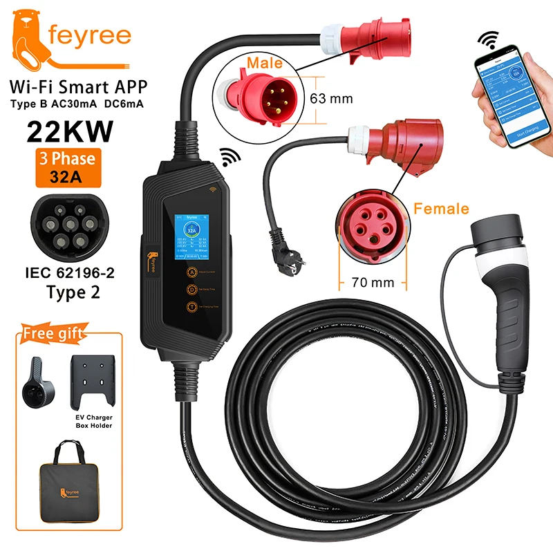 Feyree 전기 자동차 충전기용 휴대용 EV 충전기, 와이파이 앱 제어, EVSE 충전 박스 충전 스테이션, 22KW, 32A, 3 상 타입 2