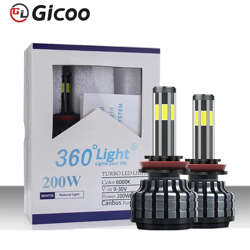 GICOO 360 LED 헤드라이트 전구, 6 면 H4, H7, H11, H13, 9012 자동 조명, 200W, 안개등, 12V, H8, H9, 6000K title=GICOO 360 LED 헤드라이트 전구, 6 면 H4, H7, H11, H13, 9012 자동 조명, 200W, 안개등, 12V, H8, H9, 6000K 