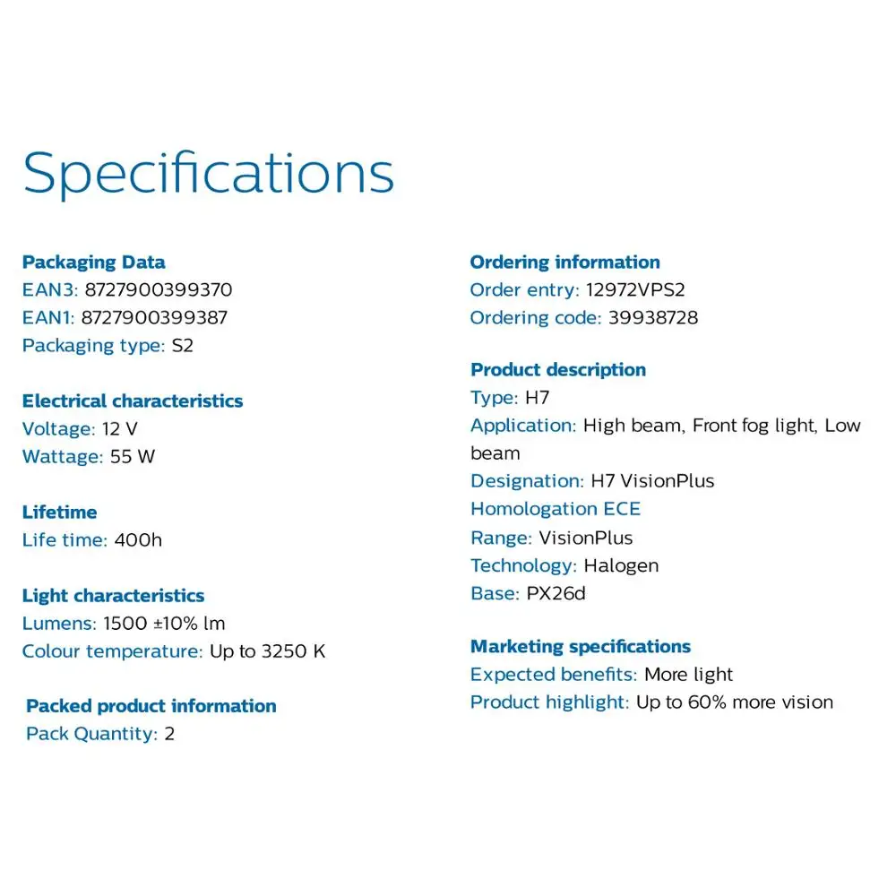 필립스-H7 12V 55W PX26d VisionPlus 3250K 밝은 조명, 최대 60% 비전 할로겐 오리지널 자동차 램프 헤드 라이트 12972VPS2, 2X